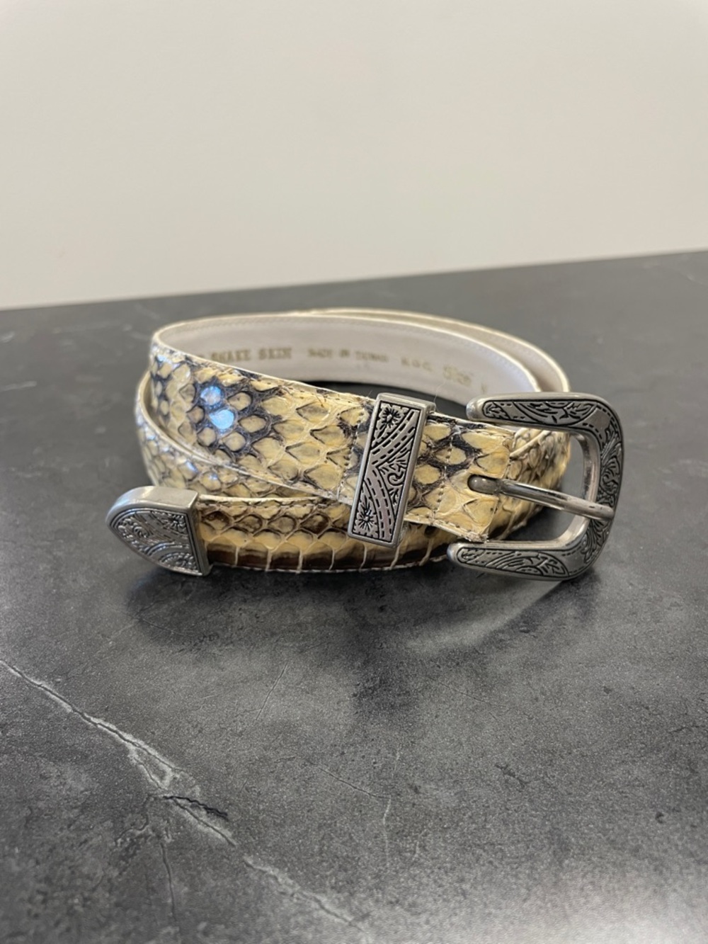 Lee Sands Vintage Beige Snakeskin Leather Belt with Engraved Buckle